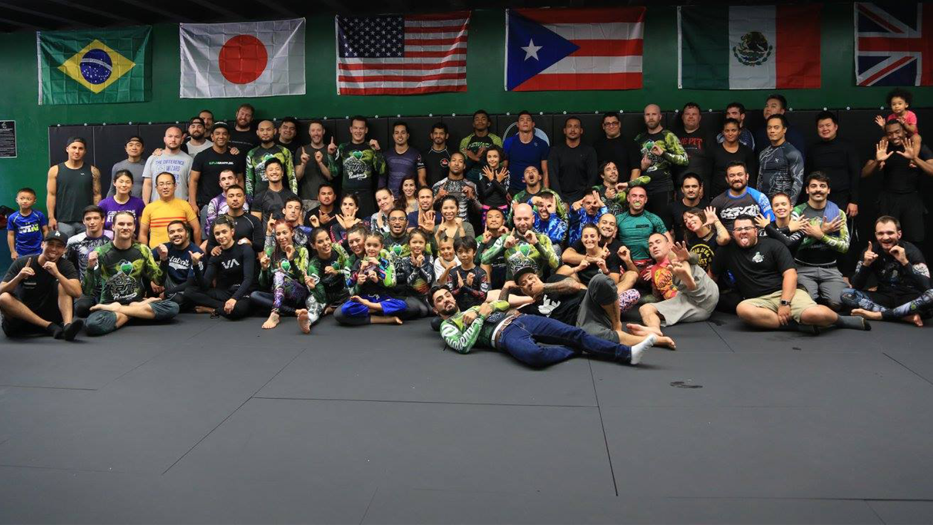 Large group of diverse students training together at 10th Planet Pasadena Jiu-Jitsu class.